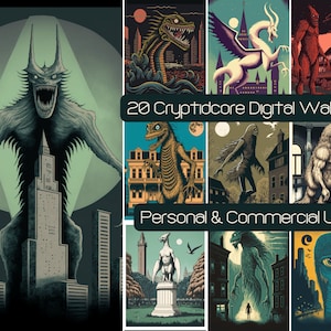 20 Cryptidcore Digital Wall Art, Printable Greeting Cards, Lovecraft Horror SVG JPG, Gothic Supernatural Prints, Commercial Use License Dark