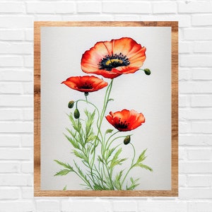 Poppy Flowers Watercolor Art Prints, Illustrated Botanical Posters, Art Wall Gallery, Cottagecore, Printable Digital Jpg Downloads