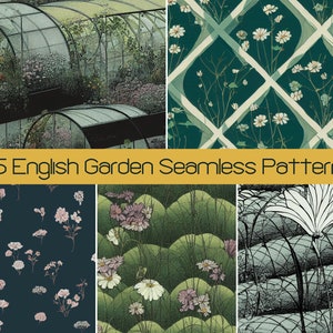 25 Padrão de papel de parede sem costura de jardim inglês, pacote de papel de álbum de recortes digital SVG JPG Licença de uso comercial, Cottagecore Nature Greenhouse Art