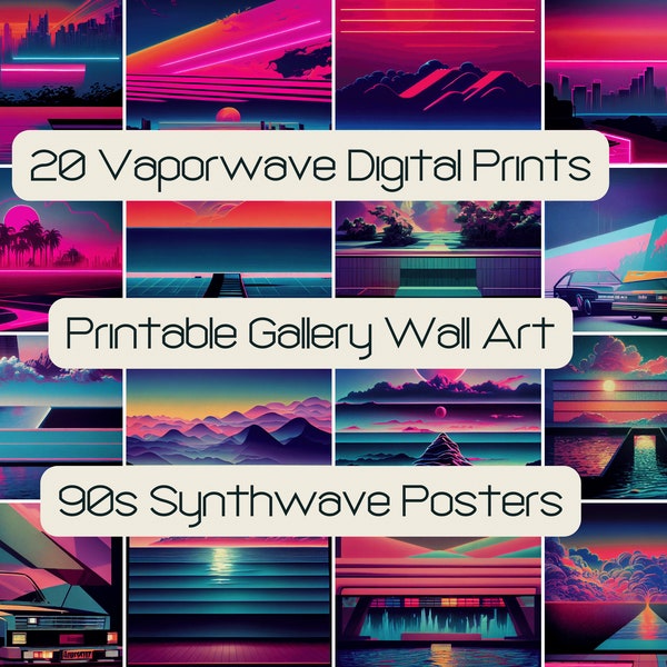 20 Vaporwave Digital Gallery Wall Art, Printable Greeting Cards, Synthwave Aesthetic Digital Print SVG JPG, 90s Neon Video Game Landscape