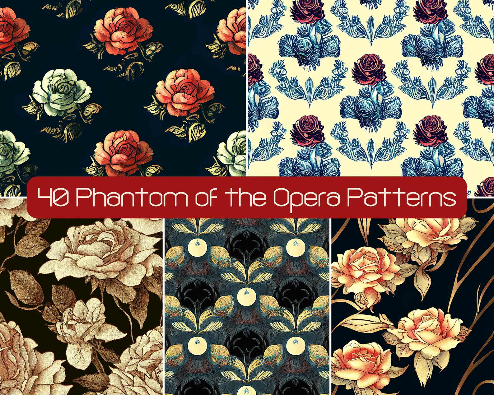 Phantom Pattern Phantom of the Opera Seamless Patterns, Gothic Romance, Dark Academia ...