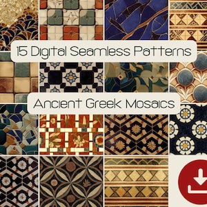 15 modèle sans couture de mosaïque de la Grèce antique, paquet de papier de scrapbooking numérique, licence commerciale de décor de mythologie grecque, emballage cadeau imprimable SVG