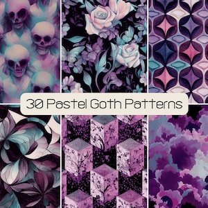 30 Pastel Goth Patterns, Digital Scrapbook Paper Pack, Gothic Skull SVG JPG Commercial License, Neon Printable Gift Wrap, Seamless Pattern