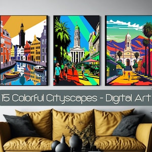 15 estampes colorées d'art de ville, mur imprimable de galerie, cartes de voeux numériques, utilisation commerciale de licence SVG, décor à la maison d'affiche de voyage, Amsterdam