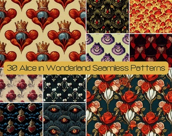 30 Alice in Wonderland Seamless Pattern, Digital Scrapbook Paper, Fantasy Mushroom SVG Commercial License, Printable Twisted Cheshire Cat