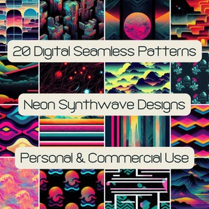 May include: 20 digital seamless patterns in neon synthwave designs.  The patterns feature geometric shapes, mountains, waves, and cityscapes in a variety of bright colours, including pink, blue, yellow, and green.  Personal & Commercial Use.