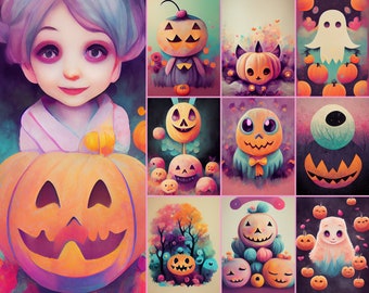 20 Pastel Halloween Art Prints, Cute Spooky Decorations, Kids Room Classroom Decor, Holiday Party, Commercial Use License, Gallery Wall Art