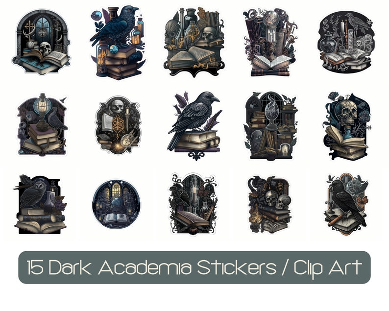 Dark Academia Goth Clip Art, Skulls, Ravens, Books (SVG, JPG) image 1