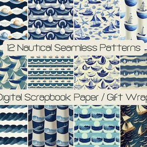 Puede incluir: Doce diseños digitales de papel para scrapbooking con temas náuticos. Los patrones incluyen barcos, olas, conchas y anclas en tonos azules y blancos.