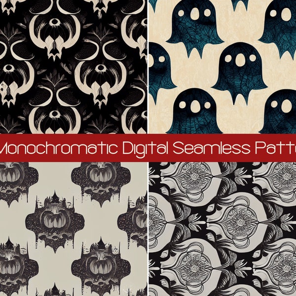 20 Monochromatic Gothic Seamless Pattern Tiles, Digital Scrapbook Paper Pack, SVG JPEG Commercial License, Halloween Floral Damask Art Goth