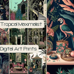 15 Tropical Maximalist Art Prints, druckbare Galerie Wand, digitale Grußkarten, kommerzielle Lizenz verwenden SVG, koloniale Dekoration Vogel Palme