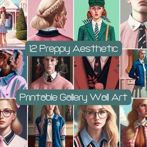 12 impresiones de arte estético preppy, pared de galería digital, tarjeta de felicitación imprimible, licencia comercial SVG Teen Girl Room Decor, estética escolar