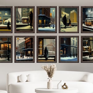 10 impressões artísticas inspiradas em Edward Hopper, parede de galeria digital, cartão de felicitações para impressão, pintura vintage escura melancólica de inverno realismo SVG JPG