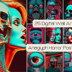 25 Anaglyph Horror Digital Wall Art, Wydrukowany plakat Home Decor, Czaszka SVG Retro Vintage Gallery Print, Licencja na użytkowanie komercyjne lat 80. Neon