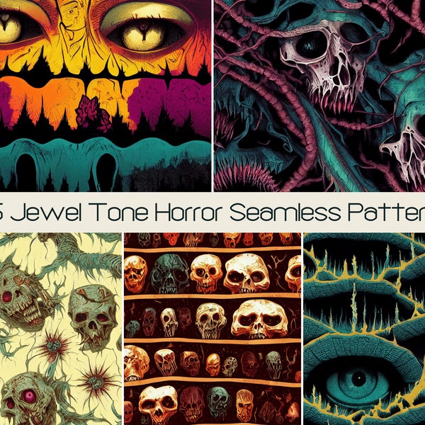 25 Jewel Tone Horror Seamless Pattern, Digital Scrapbook Paper Pack, Skeleton Ghost Skull SVG JPG Commercial Use License, Gothic Goth Spooky