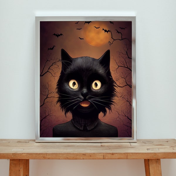 Black Cat Halloween Decorations, Tim Burton Inspired Gothic Horror, Commercial Use License Wall Art, Indoor Halloween Decor