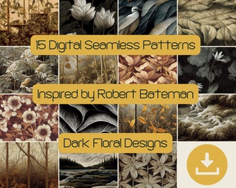 15 Nature Seamless Pattern, Digital Scrapbook Paper Pack, Dark Floral Wallpaper SVG Commercial License, Printable Gift Wrap Robert Bateman