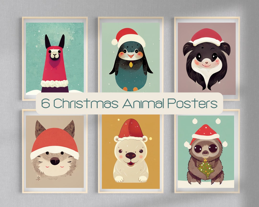 6 Cartoon Animal Christmas Cards, Printable Christmas Decorations ...