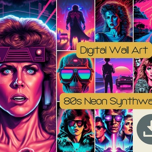 9 80s Synthwave Digital Wall Art, Printable Poster Home Decor, Neon Skull SVG Retro Vintage Gallery Print, Commercial Use License, Vaporwave
