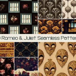 80 Romeo & Juliet naadloos patroon, digitale scrapbook papier SVG commerciële gebruikslicentie, Renaissance Fair Shakespeare Rose Love Wallpaper Art