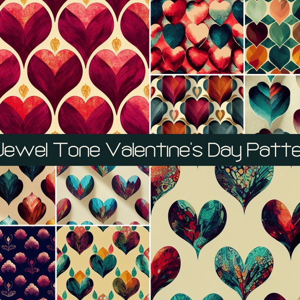 10 Jewel Tone Valentine's Day Seamless Pattern, Heart SVG JPG, Digital Scrapbook Paper Pack, Commercial License, Printable Gift Wrap Emerald
