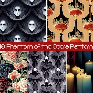 40 Fantasma dell'Opera Seamless Pattern, Pacchetto carta scrapbook digitale, Licenza commerciale SVG, Gothic Romance Dark Academia Wallpaper Art