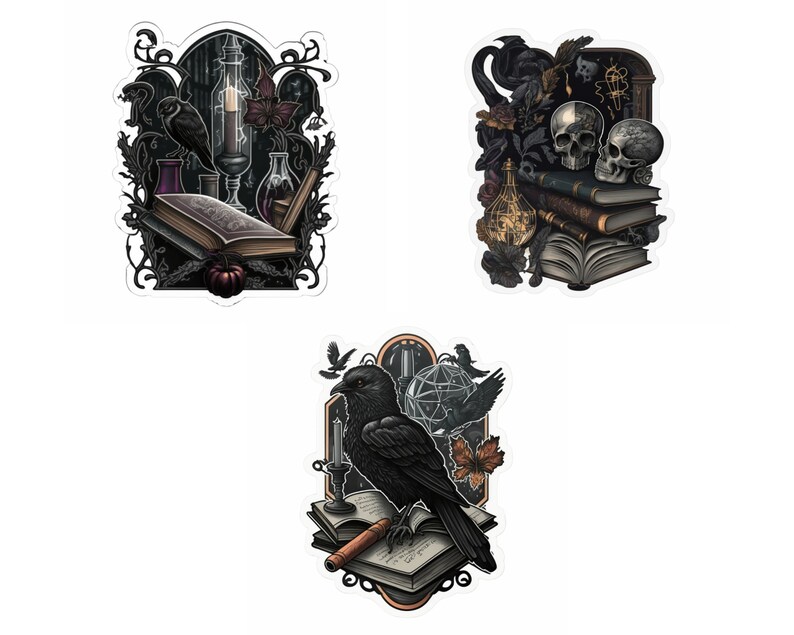 Dark Academia Goth Clip Art, Skulls, Ravens, Books (SVG, JPG) image 8