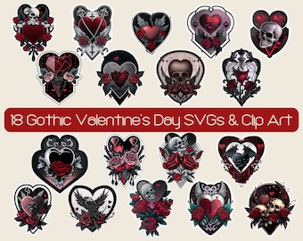 18 Gothic Valentine's Day Clip Art, Skull Romance Stickers (Digital Download)