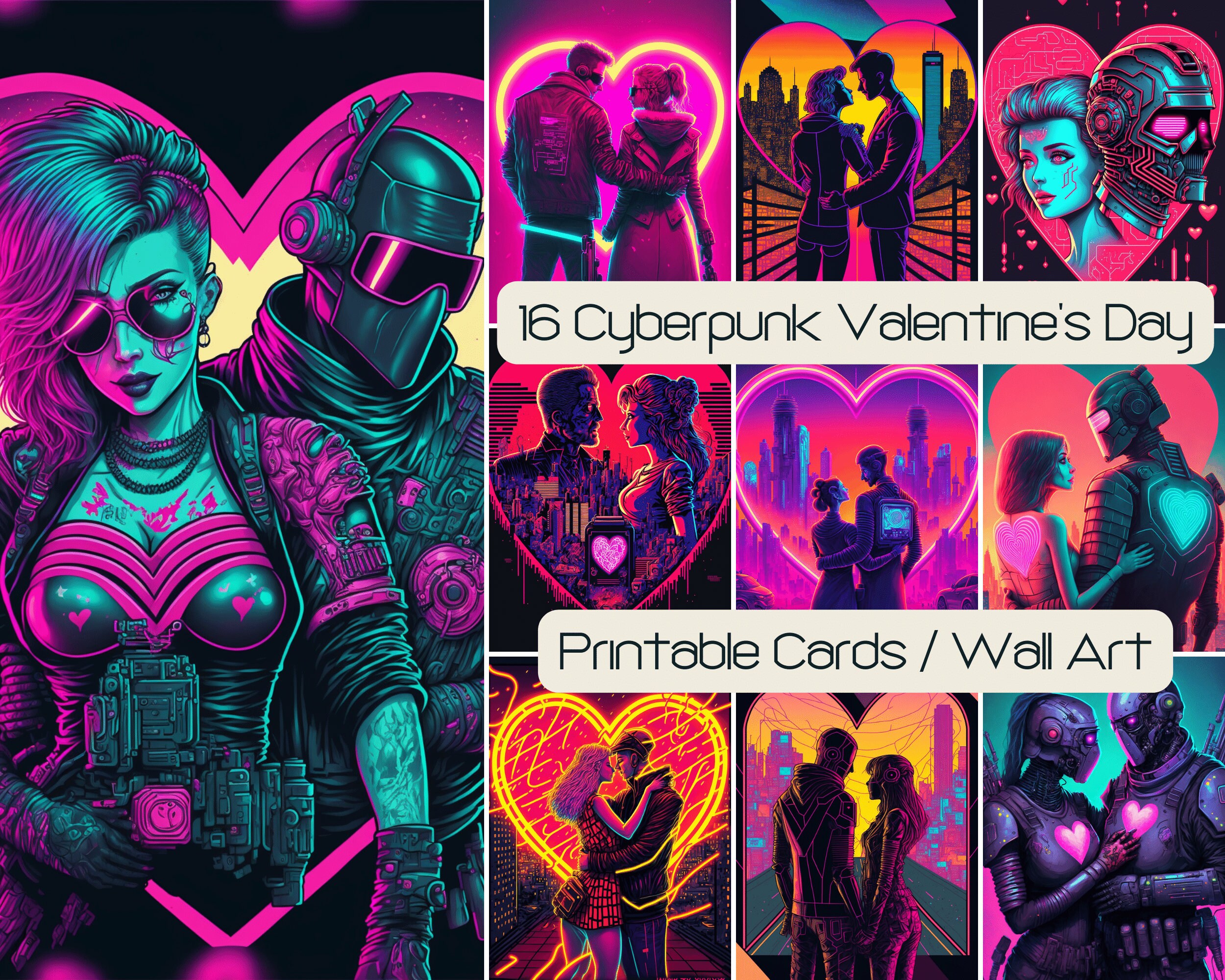 16 Neon Cyberpunk Valentine's Day Art Prints, Printable