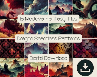 Medieval Dragon Seamless Pattern, Fantasy Printable Paper (SVG JPG)