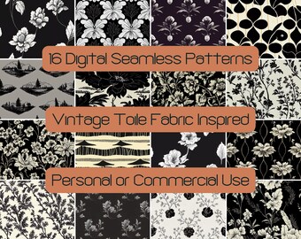 16 Toile Fabric Digital Seamless Pattern, Printable Scrapbook Paper Pack, Floral SVG Commercial Use License, Gift Wrap Vintage Home Decor