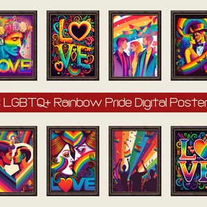 8 carteles digitales LGBTQ Rainbow, impresión de arte de pared de galería, tarjeta de felicitación imprimible, uso de licencia comercial SVG Gay Pride Parade, decoración del hogar