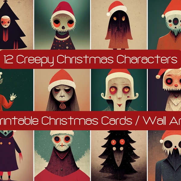 12 Creepy Cute Christmas Cards, Tim Burton Inspired Surreal Wall Art, Printable Greeting Cards, Goth Christmas SVG JPG, Home Decor Gallery