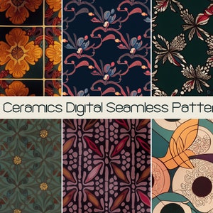 Puede incluir: Una colección de 30 patrones digitales sin costuras inspirados en diseños de azulejos de cerámica. Los patrones presentan intrincados motivos florales, formas geométricas y colores vibrantes como verde, azul, amarillo y rojo.