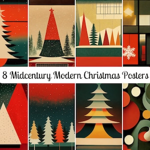 8 Mid Century Modern Christmas Card, Printable Christmas Art Prints Decorations, Minimalist Modern Art Print Poster 1950's SVG JPG Printable