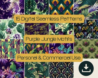 15 Purple Jungle Seamless Pattern, Digital Scrapbook Paper Pack SVG Commercial License, Printable 12x12, Party Home Decor Tropical Art Print