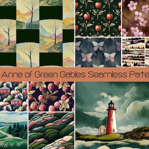 60 Anne of Green Gables Seamless Pattern, Digital Scrapbook Paper SVG Commercial License, PEI Canada Nautical Lighthouse Wildflower Quilt