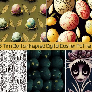 25 Tim Burton inspiré Pâques Seamless Patterns, Digital Scrapbook Paper Pack, Goth Egg SVG Commercial License, Gothic Printable Gift Wrap
