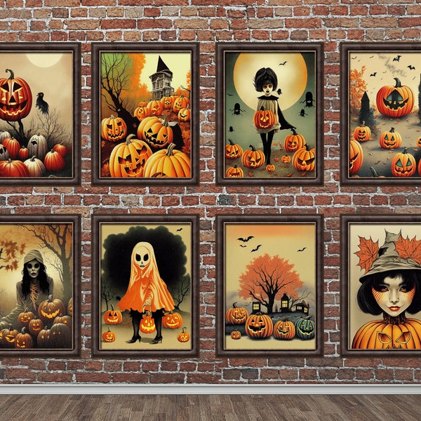 Full Collection of 8 Retro Halloween Art Prints, 1970's Inspired Design, Throwback Halloween Decorations, Vintage Halloween Party 70s Decor