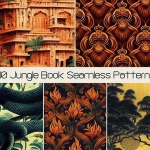 Könnte beinhalten: Eine Sammlung von 40 nahtlosen Mustern zum Thema Dschungelbuch. Die Muster zeigen eine Vielzahl von Dschungeltieren, Pflanzen und Objekten, darunter eine Schlange, ein Affe, ein Tiger und ein Tempel. Die Muster sind in verschiedenen Farben gehalten, darunter Grün, Braun, Orange und Gelb.