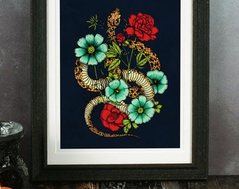 Floral Snake Giclée Print | Snake Illustration | Ouroboros | Tattoo Wall Art | Dark Art | Botanical Print | Witchy Art | Gothic Home Decor