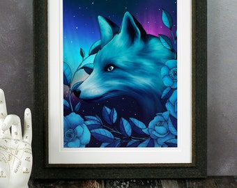 Aurora Fox Giclée Print | Fox Illustration | Moon Child | Celestial Art | Witchcraft | Witchy Home Decor | Gothic Art | Aurora Borealis