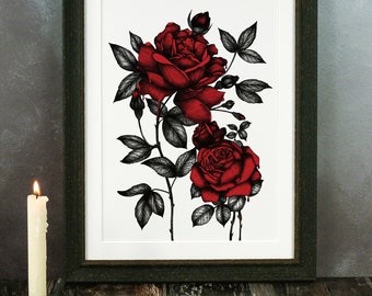 Bleeding Roses Art Print | Rose Illustration | Dark Romance | Gothic Valentines | Rose Wall Art | Gothic Home Decor | Anniversary Gift