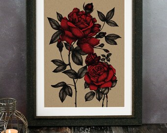 Stampa artistica kraft con rose sanguinanti/Illustrazione di rose/Romanzo oscuro/San Valentino gotico/Arte da parete con rose/Decorazioni per la casa gotiche/Regalo di anniversario