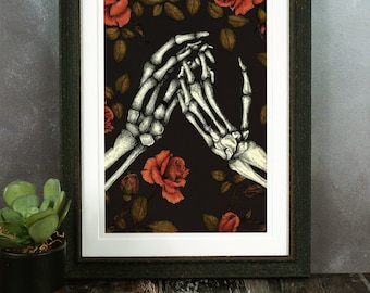 Skeleton and Roses Giclée Print | Gothic Art Print | Memento Mori | Gothic Home Decor | Dark Art | Macabre Wall Art | Valentines Day