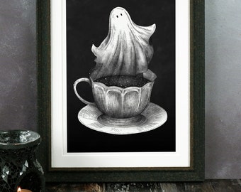 Ghost Tea Giclée Art Print | Ghost in a Teacup | Halloween Wall Art | Gothic Home Décor | Creepy Cute | Spooky Illustration | Spoopy Ghost