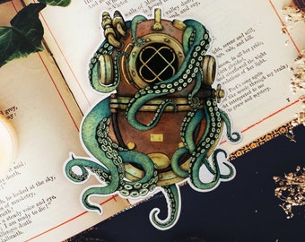 From the Depths Vinyl Sticker | Vintage Diver Helmet | Horror Art Sticker | Lovecraft | Nautical Art | Tentacle Illustration | Stationery