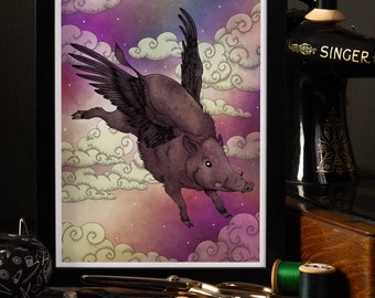 Chrysaor Flying Boar Fine Art Print | Pigasus Print | Pegasus | Greek Mythology | Mythology Wall Art | Pastel Goth | Rainbow Wall Art