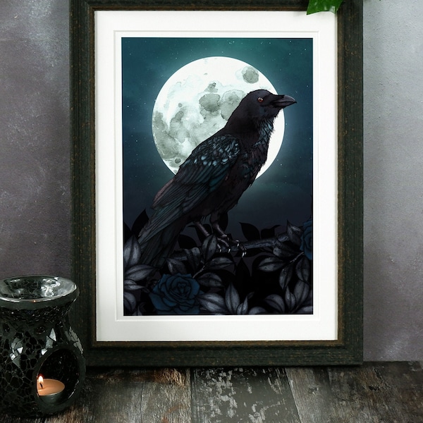 Raven and Full Moon Art Print | Gothic Home Decor | Corvid Illustration | Dark Rose Print | Bird Lover Gift | Raven Wall Art | Halloween