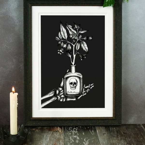 Belladonna Giclée Print | Deadly Nightshade | Gothic Illustration | Dark Art | Skeleton Wall Art | Apothecary Bottle | Gothic Home Décor